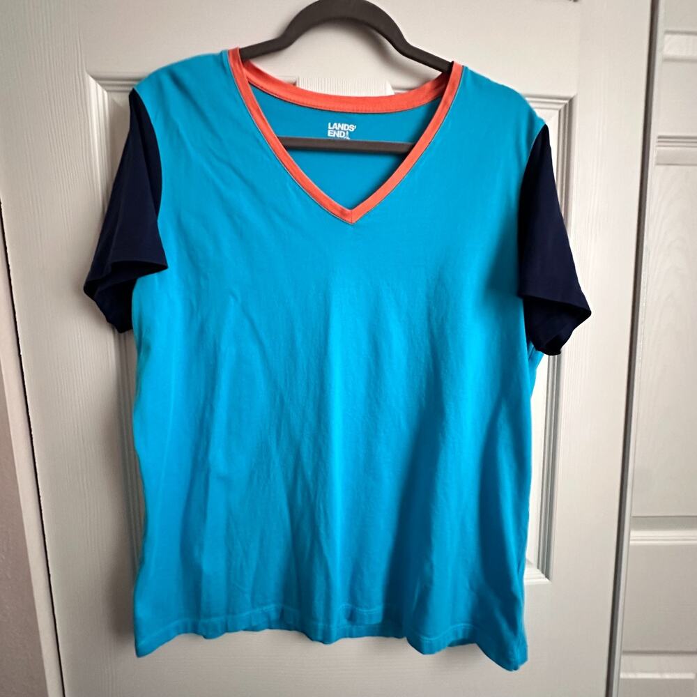 Lands End Blue Orange Color Block Short Sleeve V Neck Cotton Tshirt Womens Large